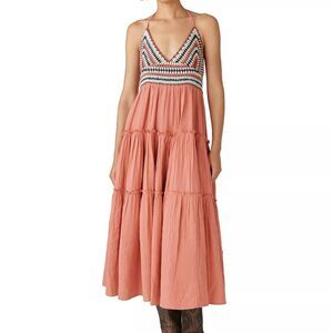 Lucky Brand Midi Dress Womens Large Coral Cotton Crochet Trim halter cottage‎